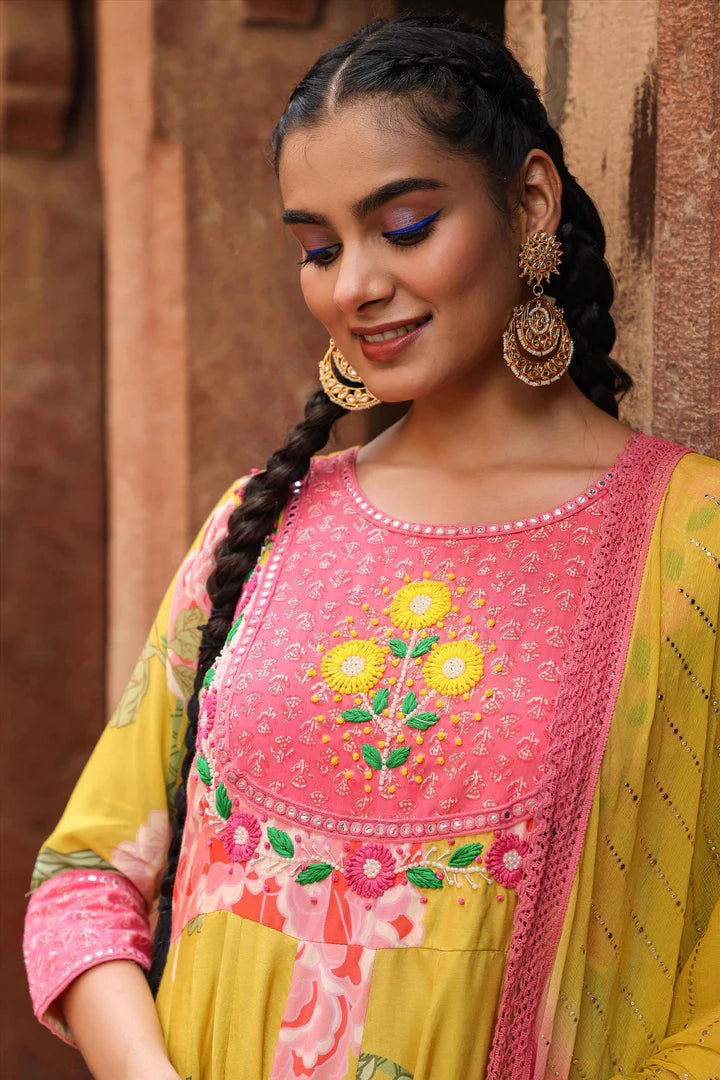 Yellow Embroidered Floral Anarkali Suit at PinkPhulkari California