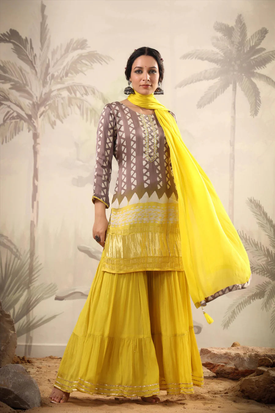 Women's Yellow Gaji Silk Tiered Sharara Suit - PinkPhulkari California