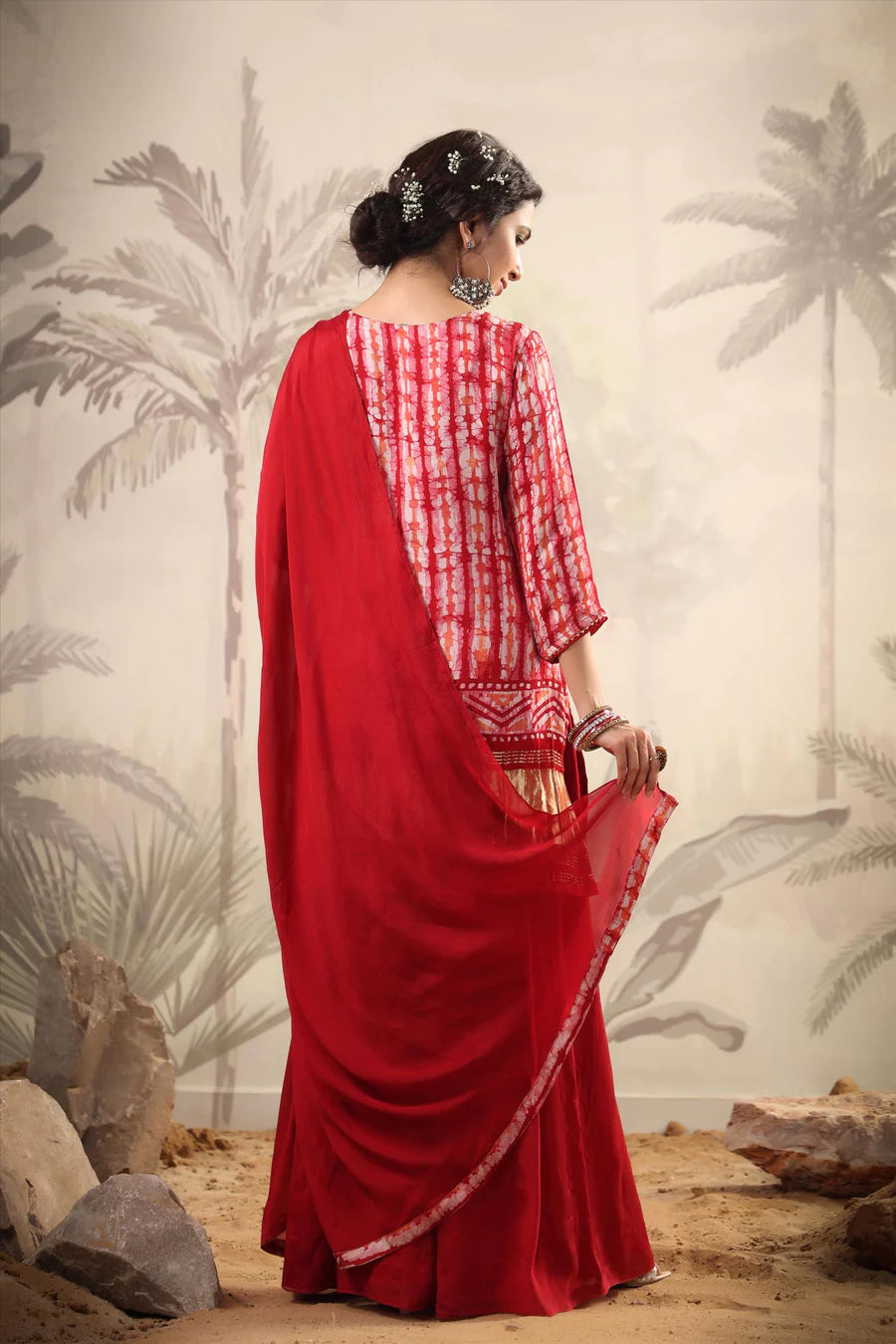 Women's Red Gaji Silk Tiered Sharara Suit at PinkPhulkari California