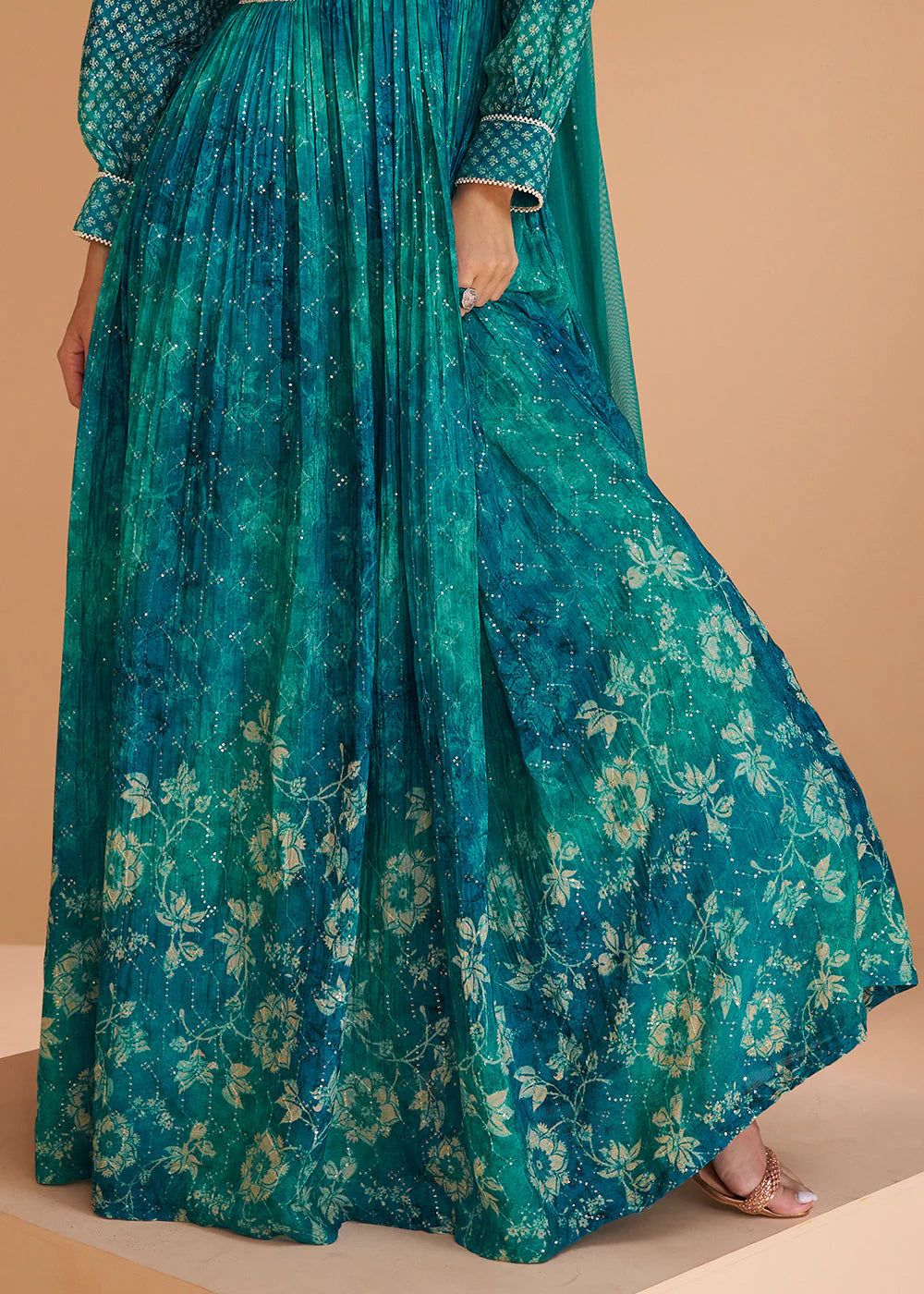 Teal Blue Printed Georgette Anarkali Gown at PinkPhulkari California