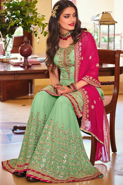 Green Georgette Embroidered Sharara Suit at PinkPhulkari CaliforniaGreen Georgette Embroidered Sharara Suit at PinkPhulkari California
