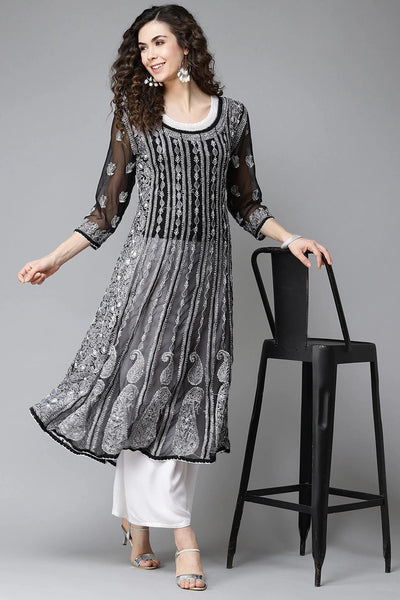 Buy Black Georgette Lucknowi Anarkali Dress at PinkPhulkari CaliforniaBuy Black Georgette Lucknowi Anarkali Dress at PinkPhulkari California