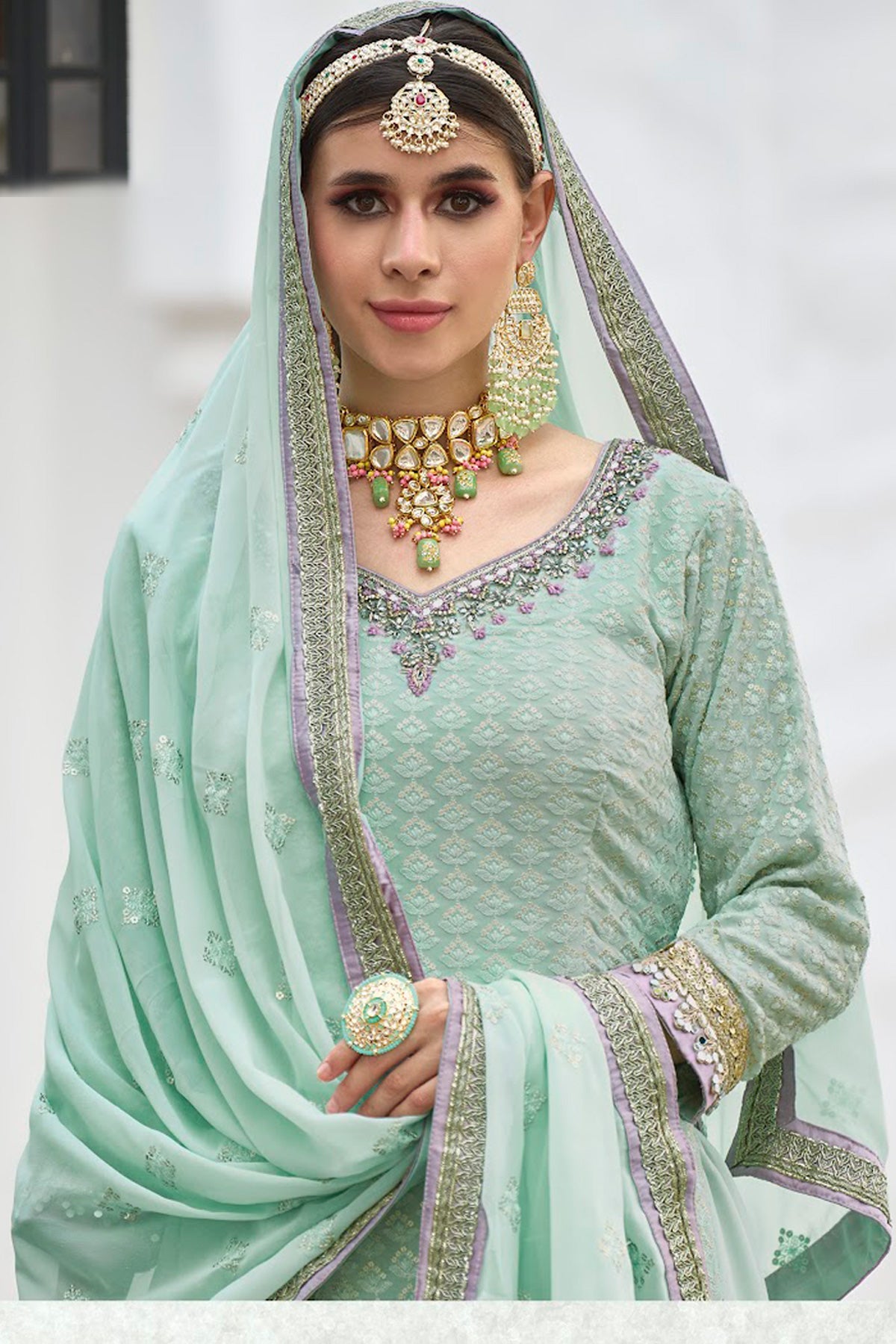 Buy Pastel Green Georgette Embroidered Gharara Suit at PinkPhulkari 