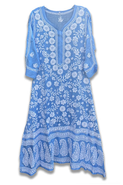 Buy Blue Satin Silk Lucknowi A Line Kurta Dress at PinkPhulkari 