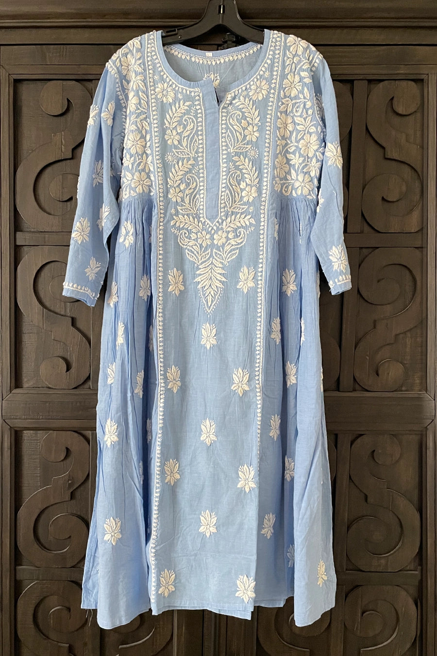 Wine Floral Printed A-line Kurta with Lucknowi Chikankari Embroidered Neck main image 0