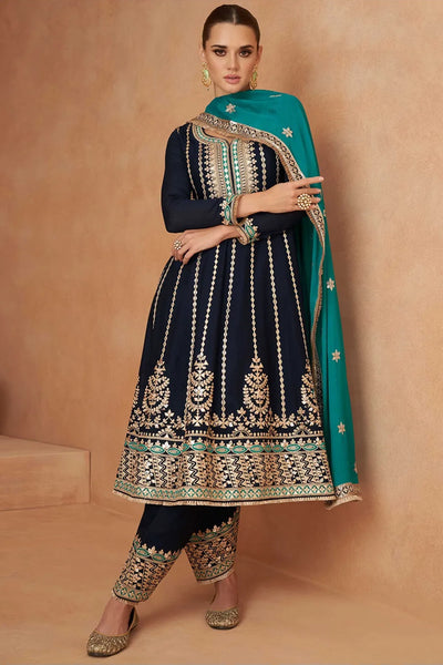 Buy Navy Blue Embroidered Chinon Silk Anarkali Patiala Pant Suit 