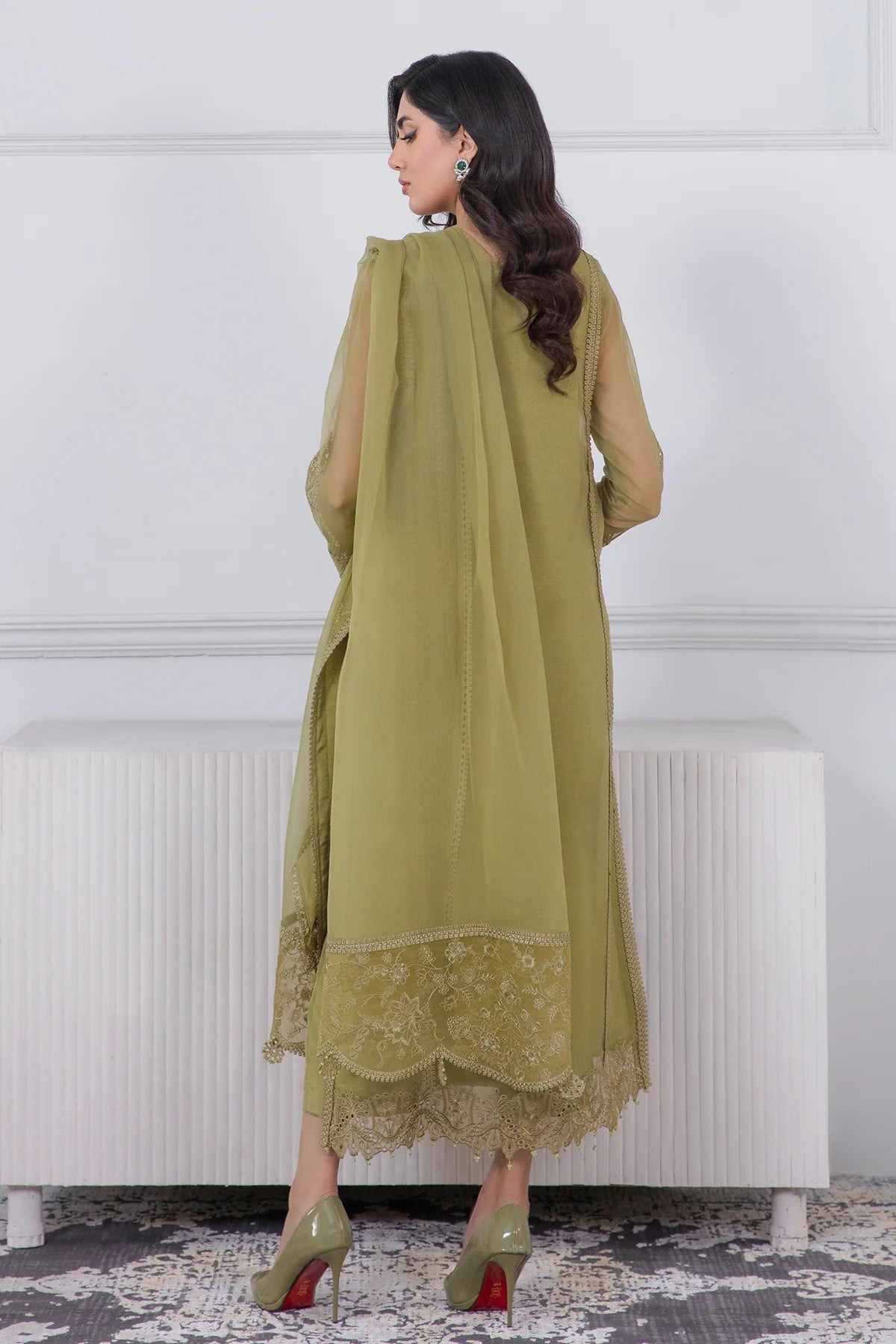 Buy Olive Green Embroidered Schiffli Chiffon Silk Suit 