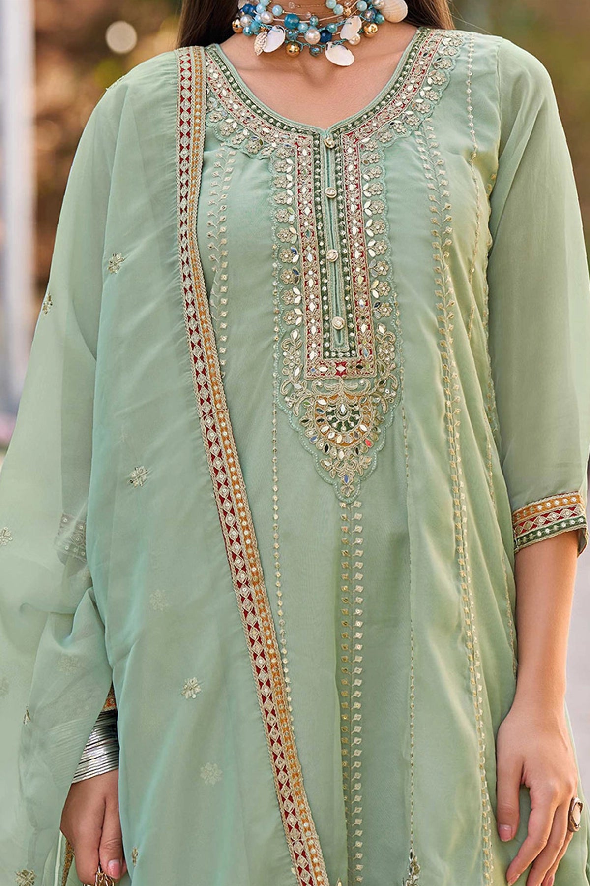 Buy Green Simar Organza Silk Embroidered Dhoti Suit at PinkPhulkari 