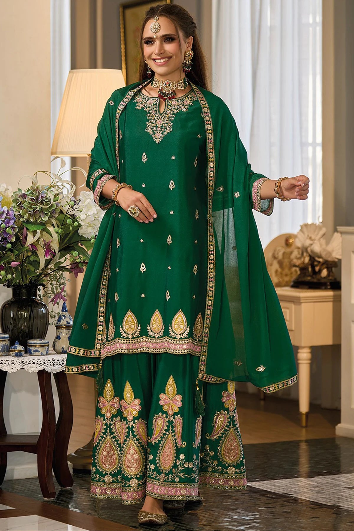 WOMEN GREEN RED CHINON SILK EMBROIDERY PARTY WEAR SUIT SET