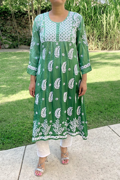 Buy Green Ombre Modal Satin Lucknowi Chikankari A Line Kurti Dress Buy Green Ombre Modal Satin Lucknowi Chikankari A Line Kurti Dress 