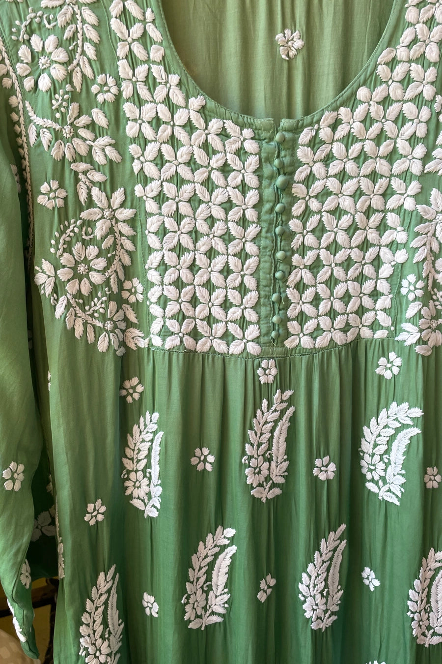 Buy Green Ombre Modal Satin Lucknowi Chikankari A Line Kurti Dress 