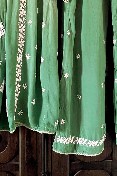 Green Lucknowi Hand Embroidered Short Frock A-Line Peplum Kurta SetGreen Lucknowi Hand Embroidered Short Frock A-Line Peplum Kurta Set