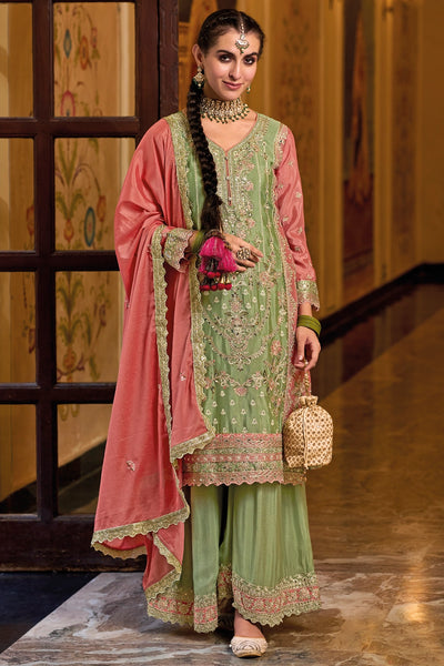 Light Green Embroidered Traditional Palazzo Suit at PinkPhulkari