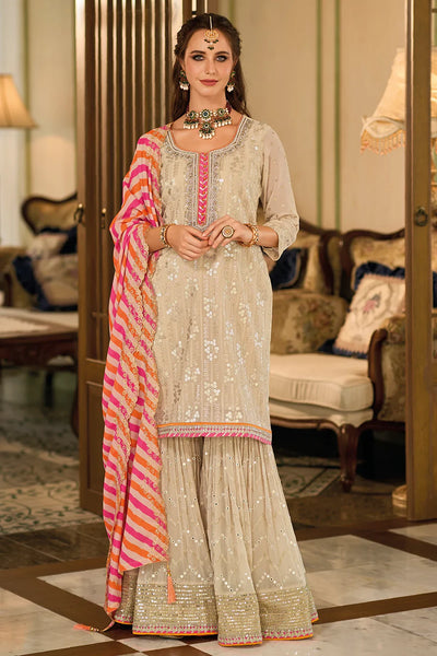 Ivory Georgette Embroidered Gharara Suit at PinkPhulkari CaliforniaIvory Georgette Embroidered Gharara Suit at PinkPhulkari California
