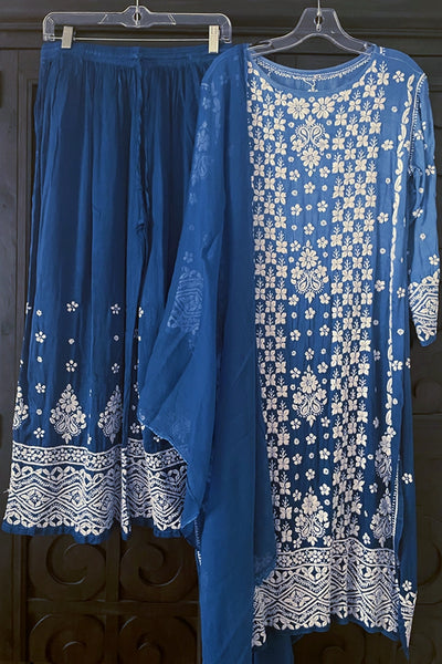 Buy Blue Lucknowi Chikankari Palazzo Suit at PinkPhulkari CaliforniaBuy Blue Lucknowi Chikankari Palazzo Suit at PinkPhulkari California