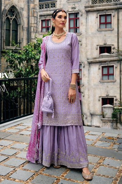 Buy Lavender Heavy Embroidered Sharara Suit at PinkPhulkari California