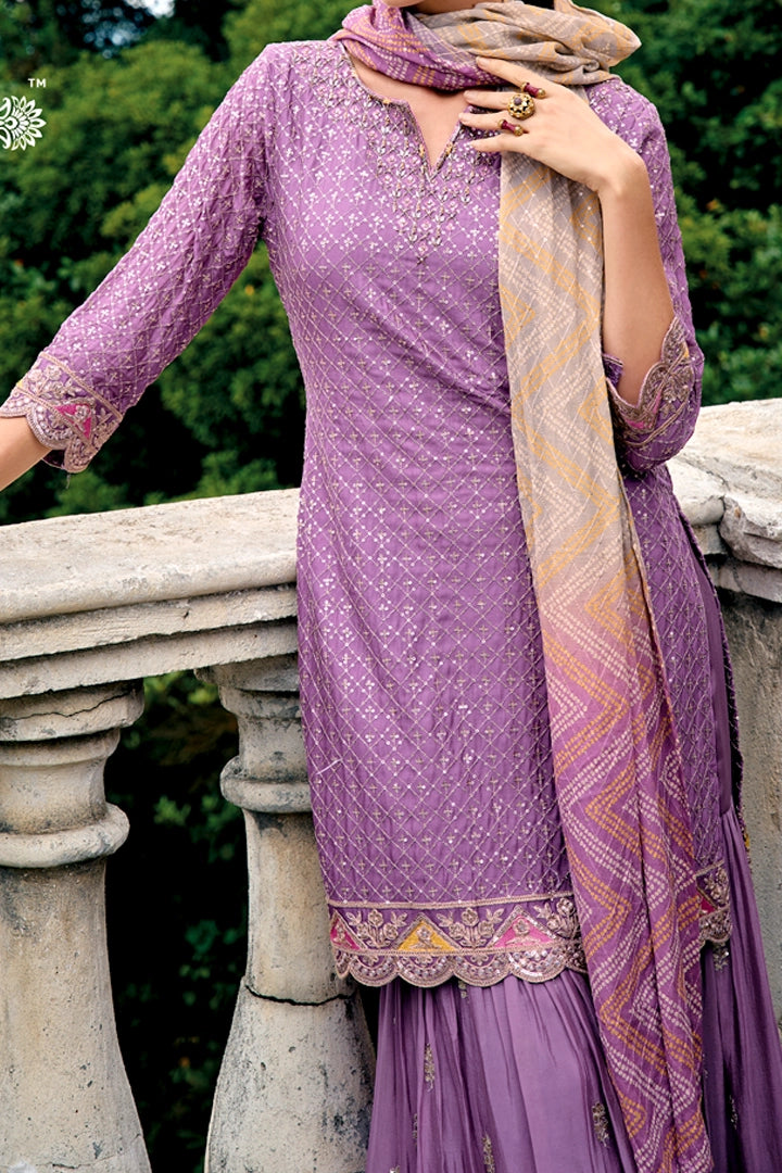 Buy Purple Embroidered Sharara Suit at PinkPhulkari California
