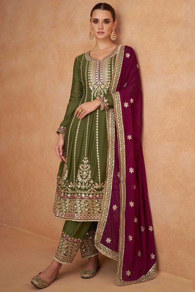 Buy Olive Green Embroidered Chinon Silk Anarkali Patiala Pant Suit 