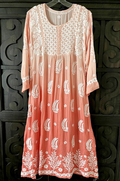  Peach Modal Satin Lucknowi Chikankari A Line Kurta Dress 