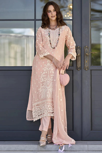 Buy Peach Pink Embroidered Organza Pant Style Suit at PinkPhulkari 