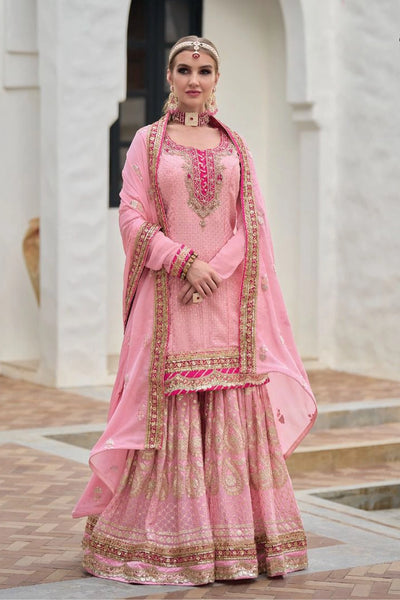 Buy Pink Georgette Embroidered Heavy Sharara Suit at PinkPhulkari Buy Pink Georgette Embroidered Heavy Sharara Suit at PinkPhulkari 