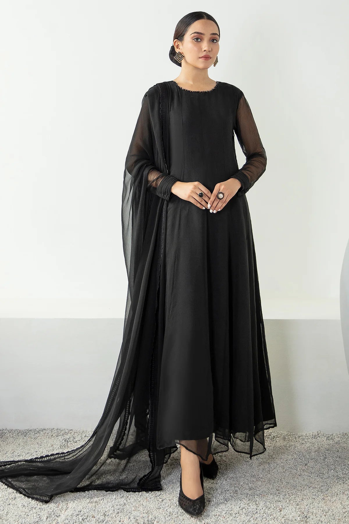 Buy Black Plain Silk Chiffon Frock Suit Online PinkPhulkari