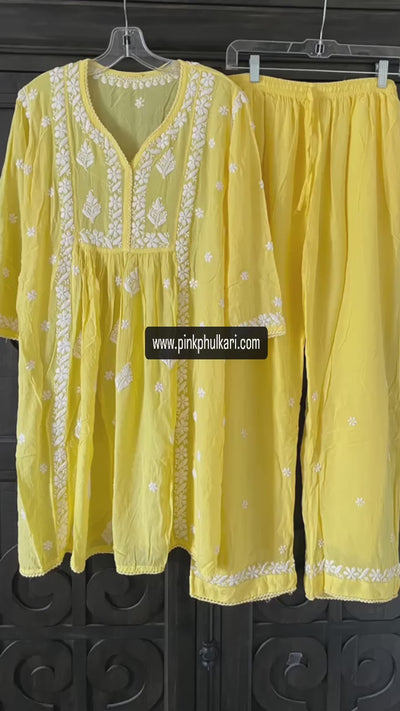 Yellow Lucknowi A-Line Peplum Kurta Pant Style SuitYellow Lucknowi A-Line Peplum Kurta Pant Style Suit