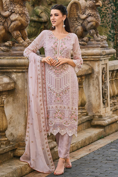  Rose Pink Embroidered Soft Organza Pant Style Suit 