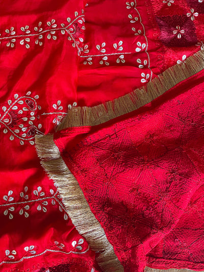 Pure Silk Bridal Phulkari Dupatta Red at PinkPhulkari CaliforniaPure Silk Bridal Phulkari Dupatta Red at PinkPhulkari California