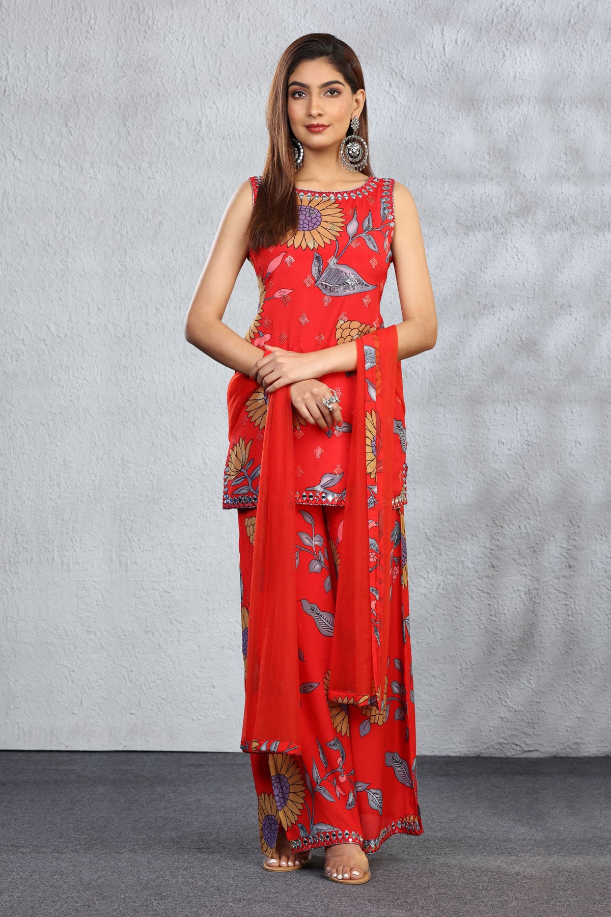Women Floral embroidered red v_neck chinon Kurta Set With Trouser & Dupatta