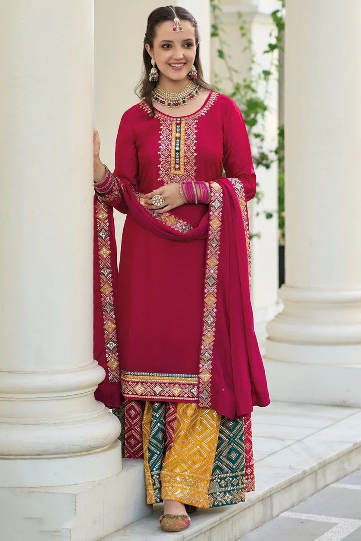 Maroon Color Embroidered Chinon Silk Palazzo Salwar Suit