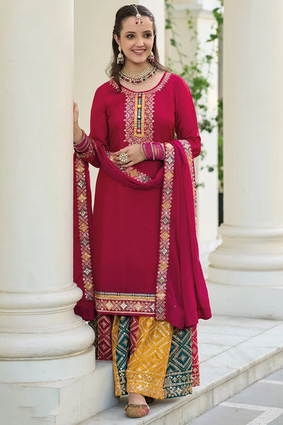 Maroon Color Embroidered Chinon Silk Palazzo Salwar SuitMaroon Color Embroidered Chinon Silk Palazzo Salwar Suit