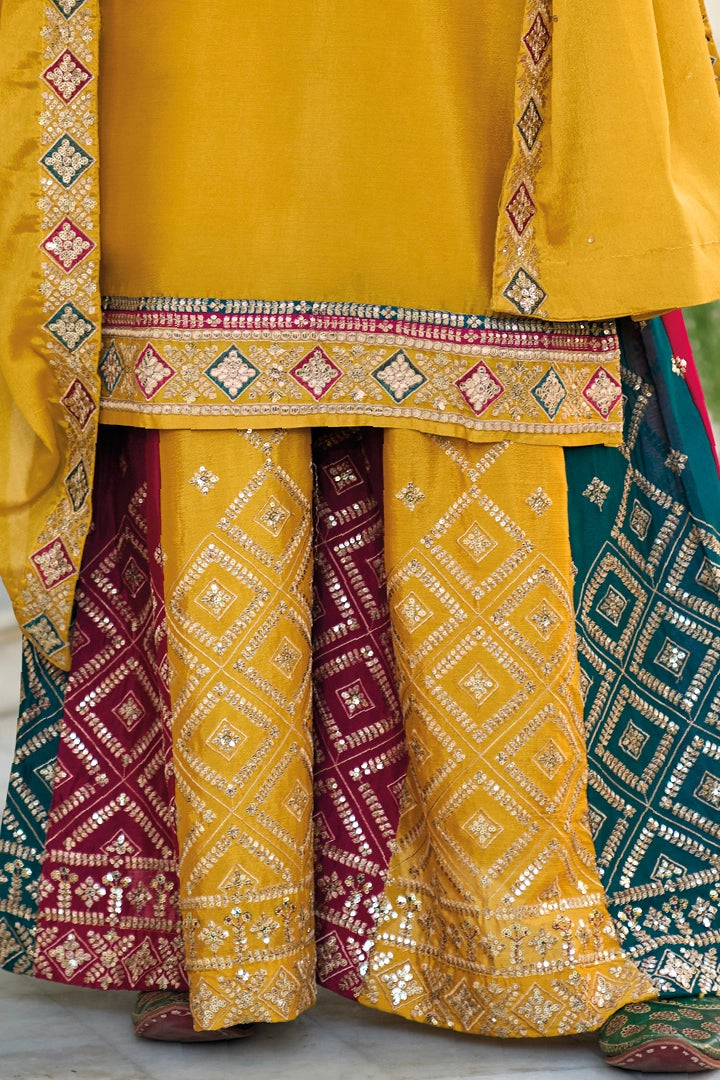 Mustard Color Embroidered Chinon Silk Palazzo Salwar Suit