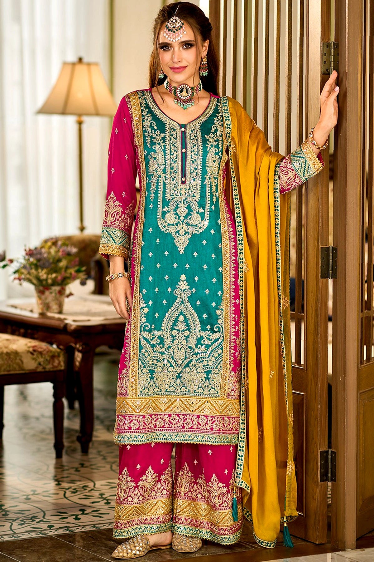 Designer Traditional Wear Black Rangoli Salwar Suit Teal Blue Black Rangoli Pant Straight main image 1