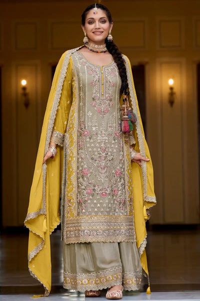Buy Tan Chinon Silk Embroidered Palazzo Style Suit at PinkPhulkari Buy Tan Chinon Silk Embroidered Palazzo Style Suit at PinkPhulkari 