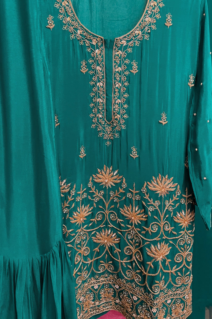 Zinc Green Chinon Silk Cutdana Zari Work Sharara Suit at PinkPhulkari