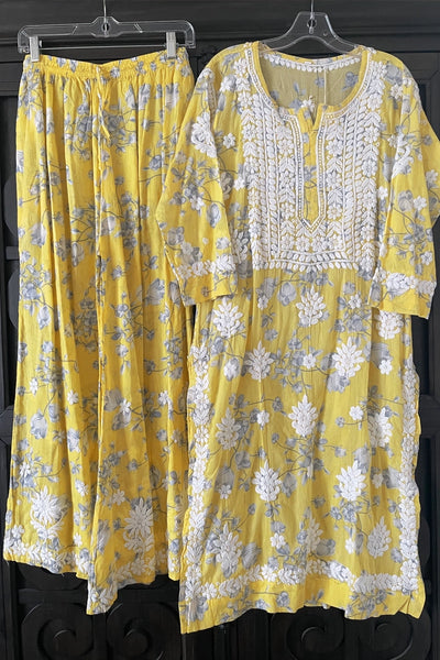 Yellow Floral Print Lucknowi Palazzo Suit at PinkPhulkari CaliforniaYellow Floral Print Lucknowi Palazzo Suit at PinkPhulkari California