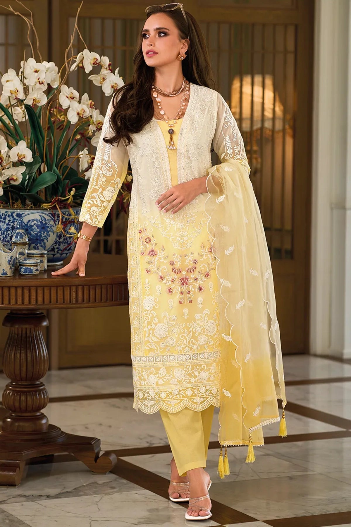 Buy Light Yellow Embroidered Organza Pakistani Suit at PinkPhulkari