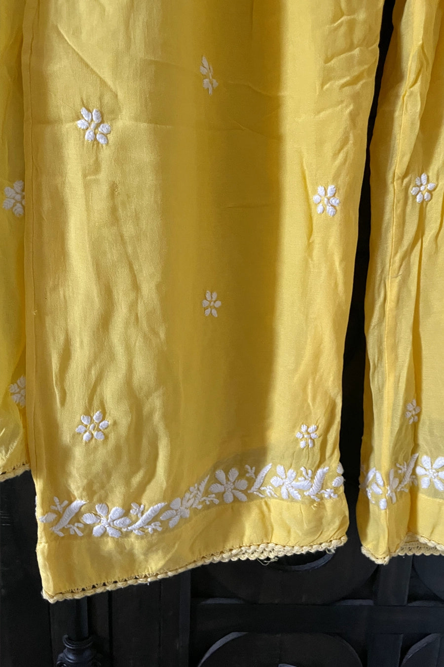 Yellow Lucknowi Hand Embroidered Short Frock A-Line Peplum Kurta Set