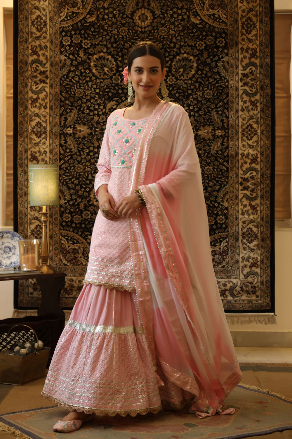 Women's Pink Cotton Chikankari Gota Kurti Sharara Dupatta Set at PinkPhulkari 