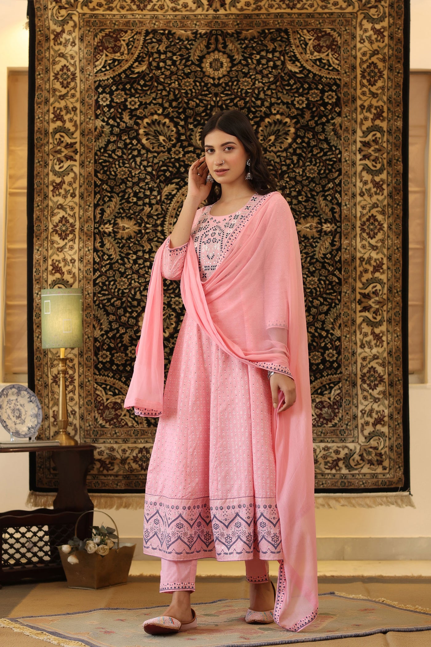 Women's Pink Cotton Embroidered Yoke Design Anarkali Pant Dupatta Suit Set at PinkPhulkari California