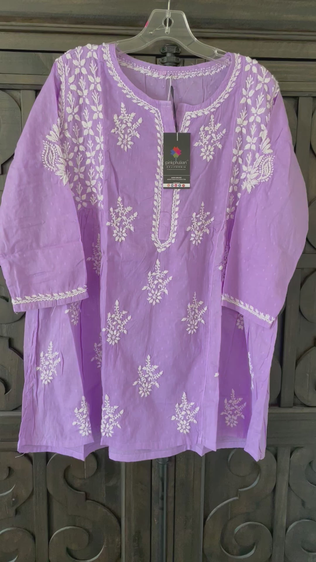 Women's Violet Color Pure Cotton Kurti Lucknowi Hand Embroidered Top at PinkPhulkari California