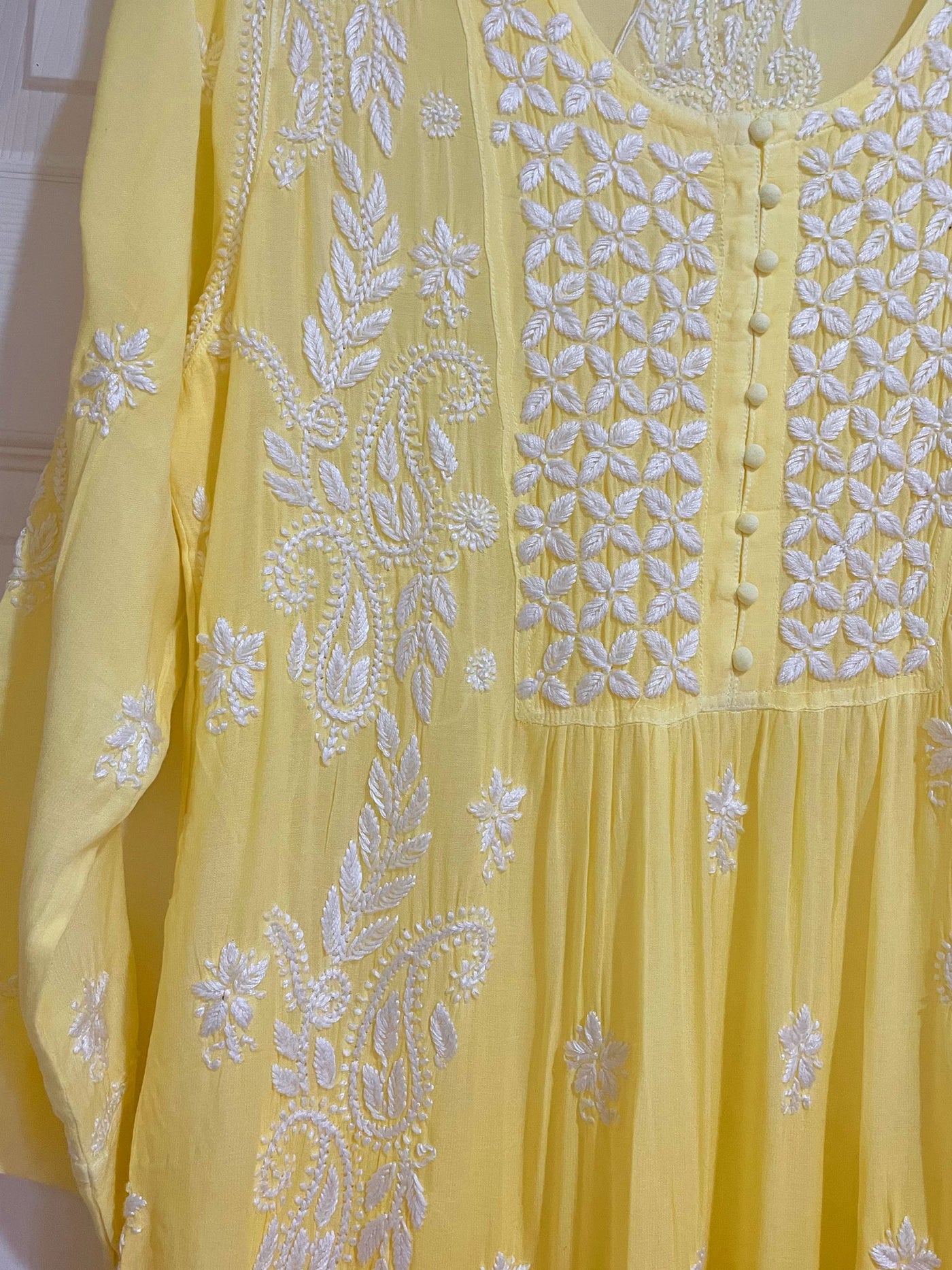 Women's Yellow Gold Muslin Silk Handcrafted Lucknowi Chikankari A Line Kurta at PinkPhulkari California