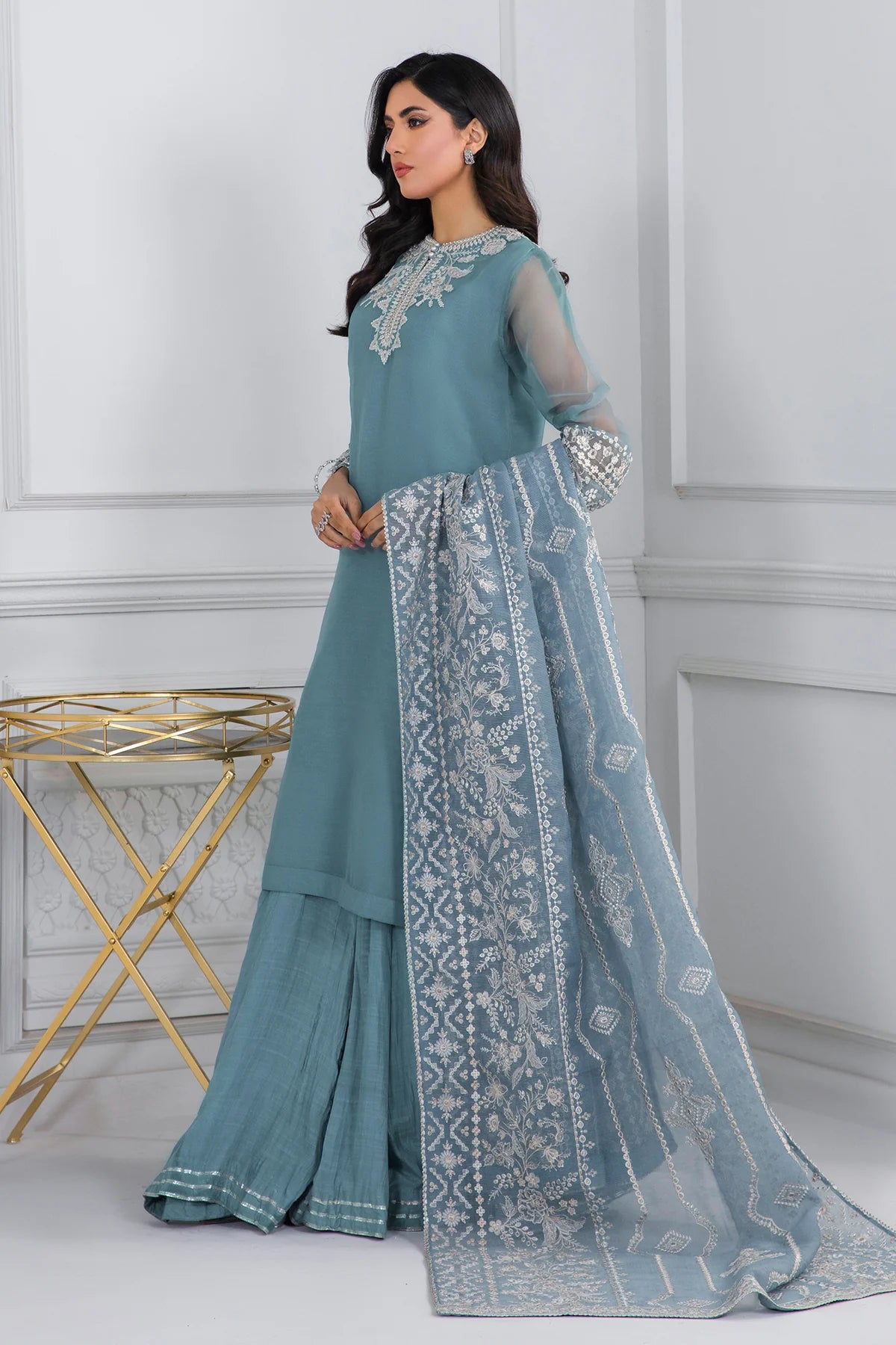 Women's Light Blue Party Wear Orignal Pakistani Designer Pure Chiffon Sharara suit at PinkPhulkari California