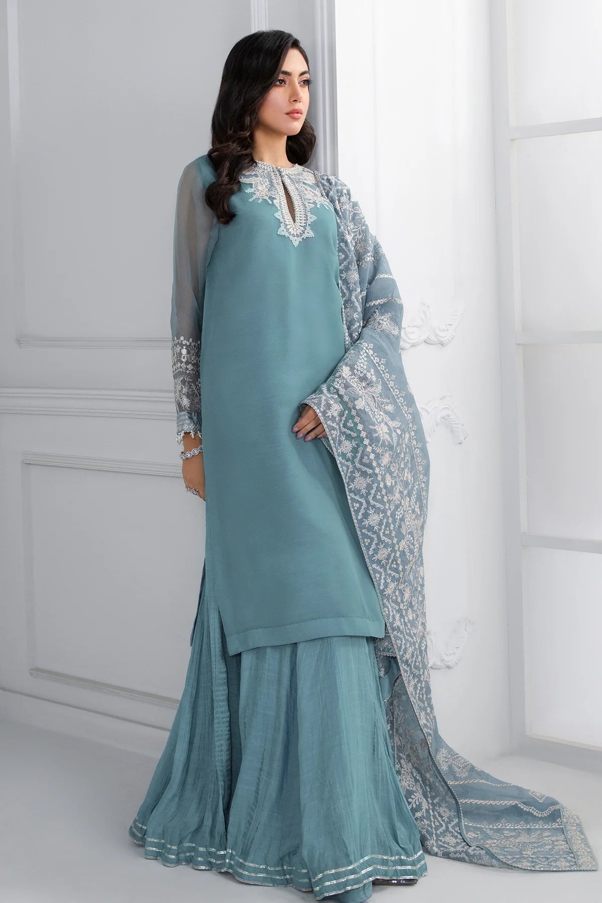 Women's Light Blue Party Wear Orignal Pakistani Designer Pure Chiffon Sharara suit at PinkPhulkari California