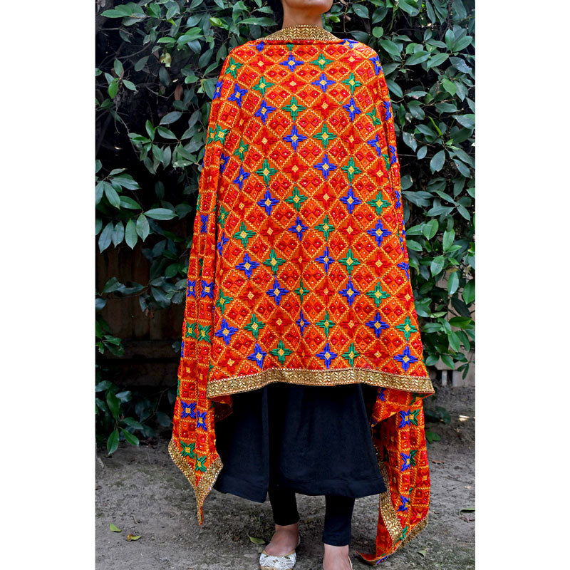 Women's Multicolor Designer Punjabi Phulkari Dupatta at PinkPhulkari California