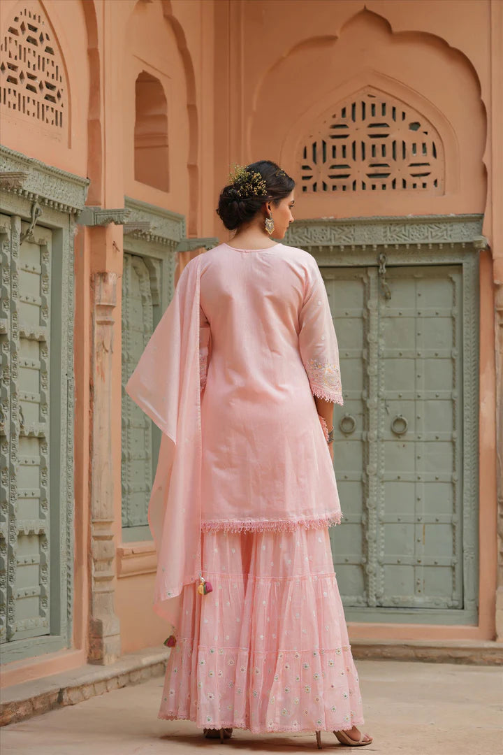 Women's Pink Chanderi Silk Embroidered Kurti Sharara Dupatta Set online at PinkPhulkari California