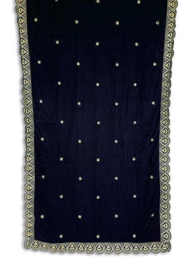  Dark Navy Blue Embroidered Velvet Shawl 