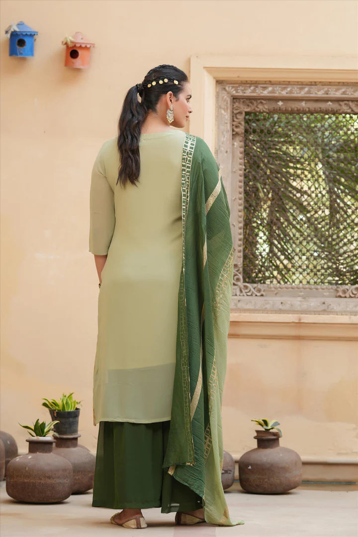 Women's Green Georgette Sequined Kurta Sharara Dupatta Set Online at PinkPhulkari California