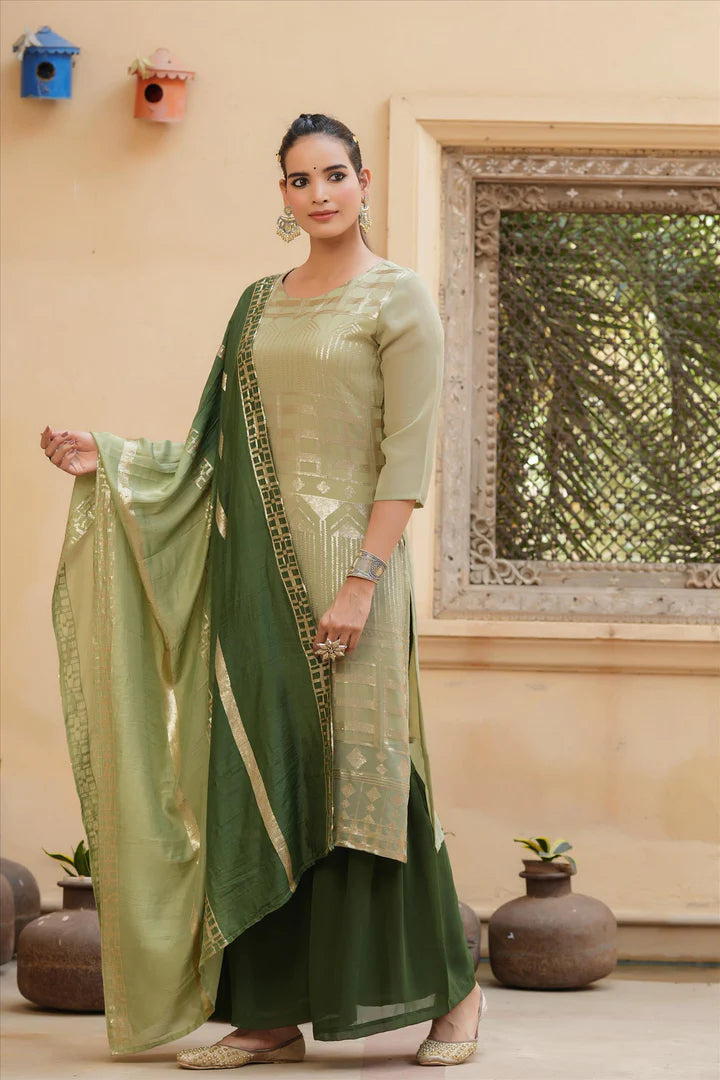 Women's Green Georgette Sequined Kurta Sharara Dupatta Set Online at PinkPhulkari California
